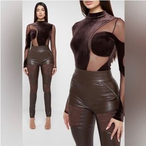 Maniere de voir VEGAN LEATHER & PATENT RIBBED brown LEGGINGS NWT